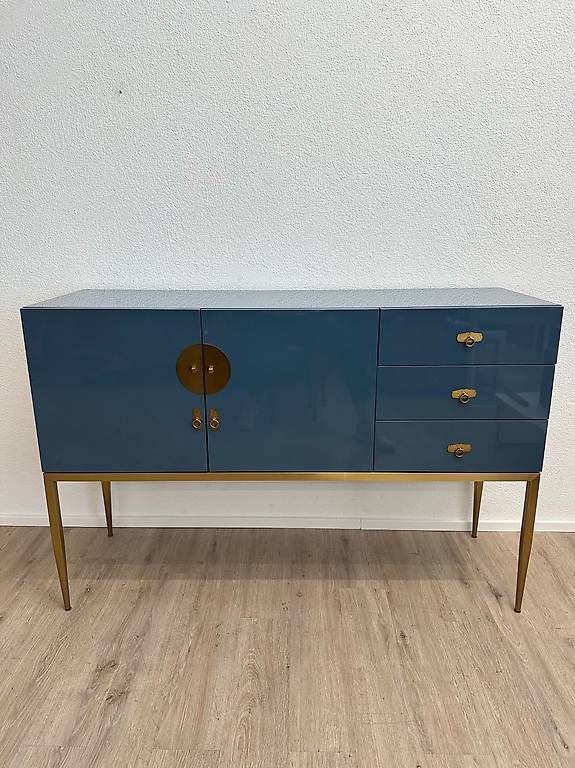Cassettiere: Hochglanz Sideboard in Blau mit Goldgestell – Usato da Obernau venduto da Arche_Noah_Brocki