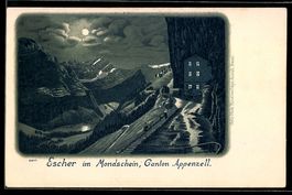 Lithographie Aescher /AI, Ortsansicht im Mondschein