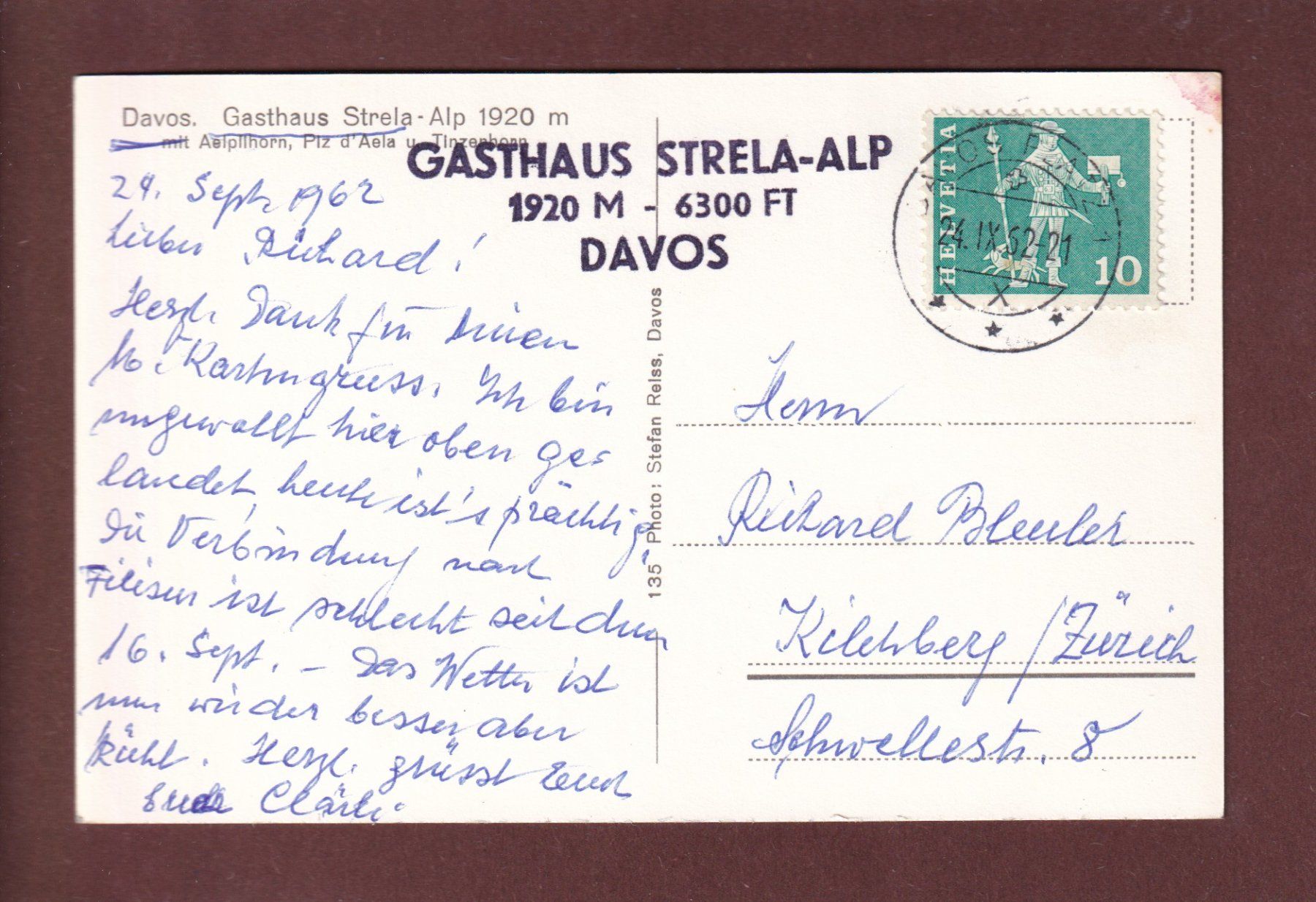 Cartoline postali: DAVOS - Gasthaus Strela - 1962 – Usato da Pully venduto da nicecards 1