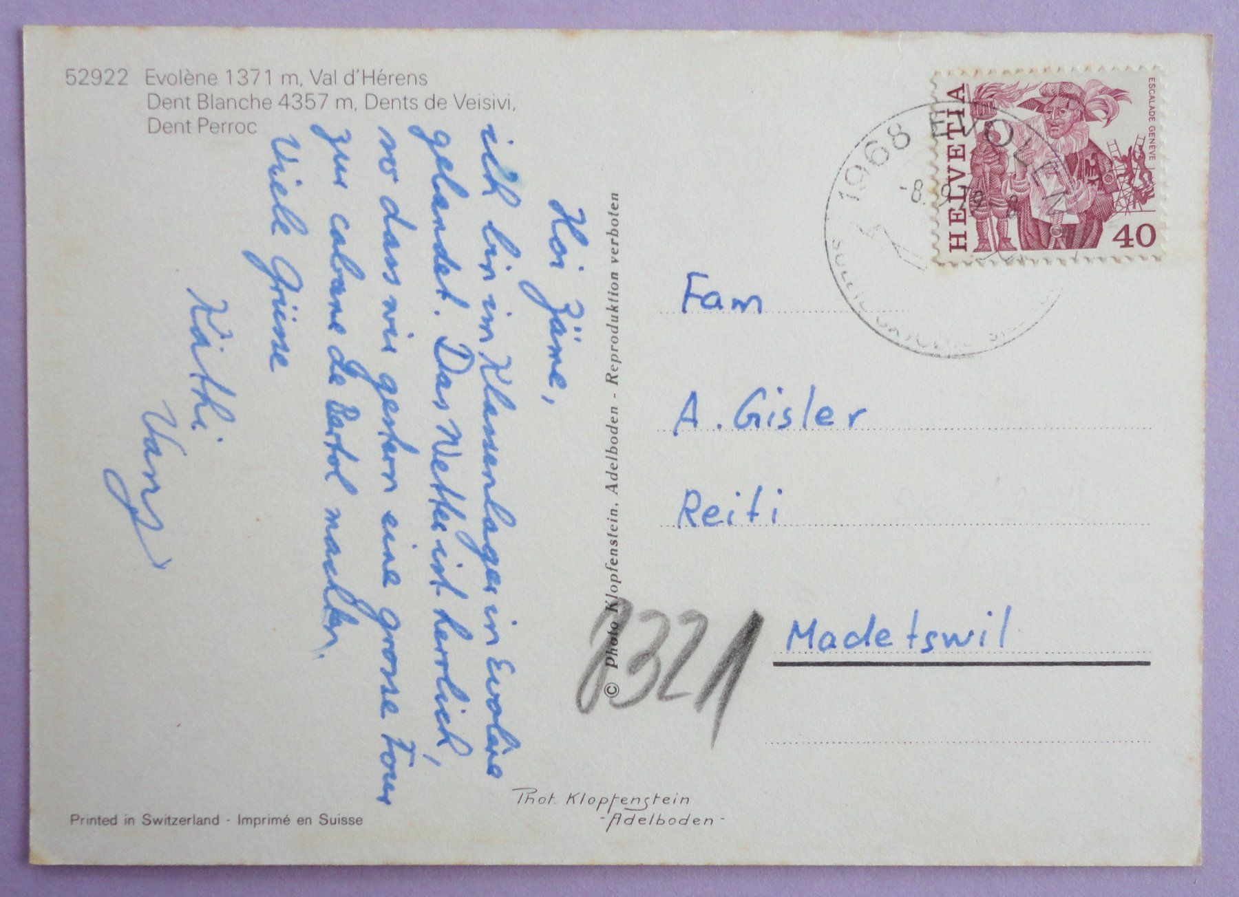 Cartoline postali: Evolène 1371 m, Val d'Hérens – Usato da Fétigny venduto da Billy2miny 1