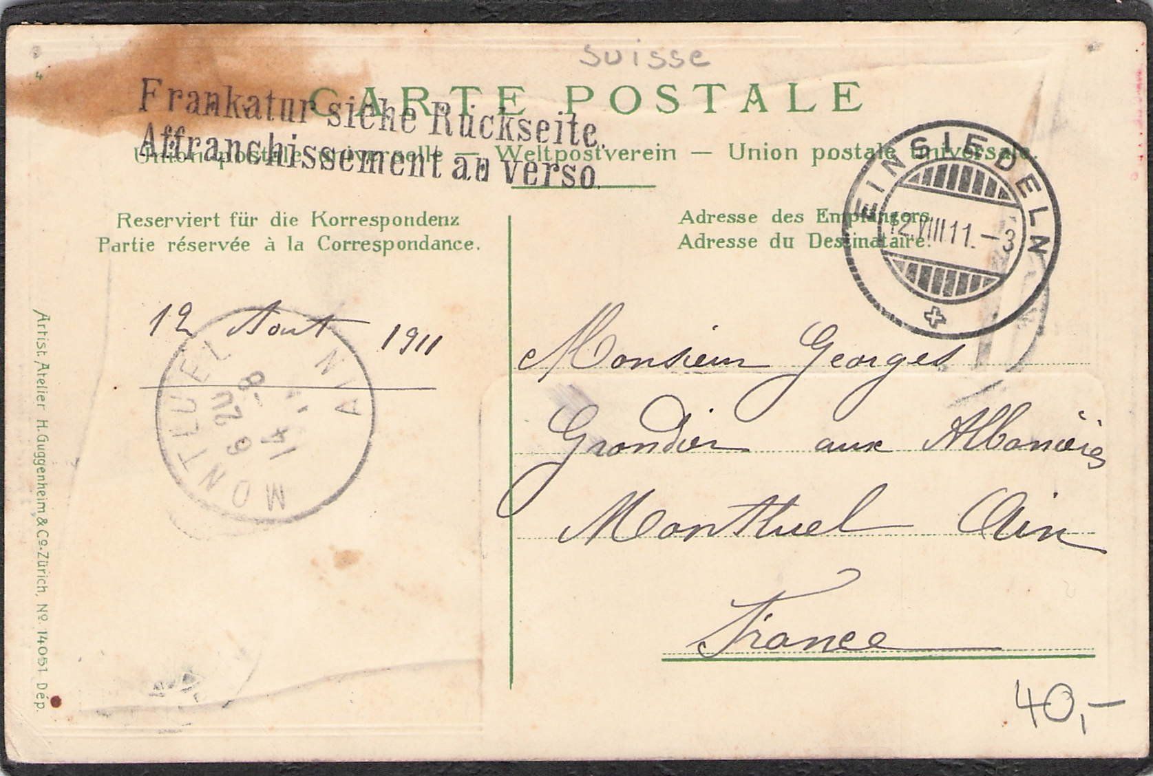 Cartoline postali: #Einsiedeln SZ , gel. 1911 – Usato da Reichenburg venduto da Pipo-67 1