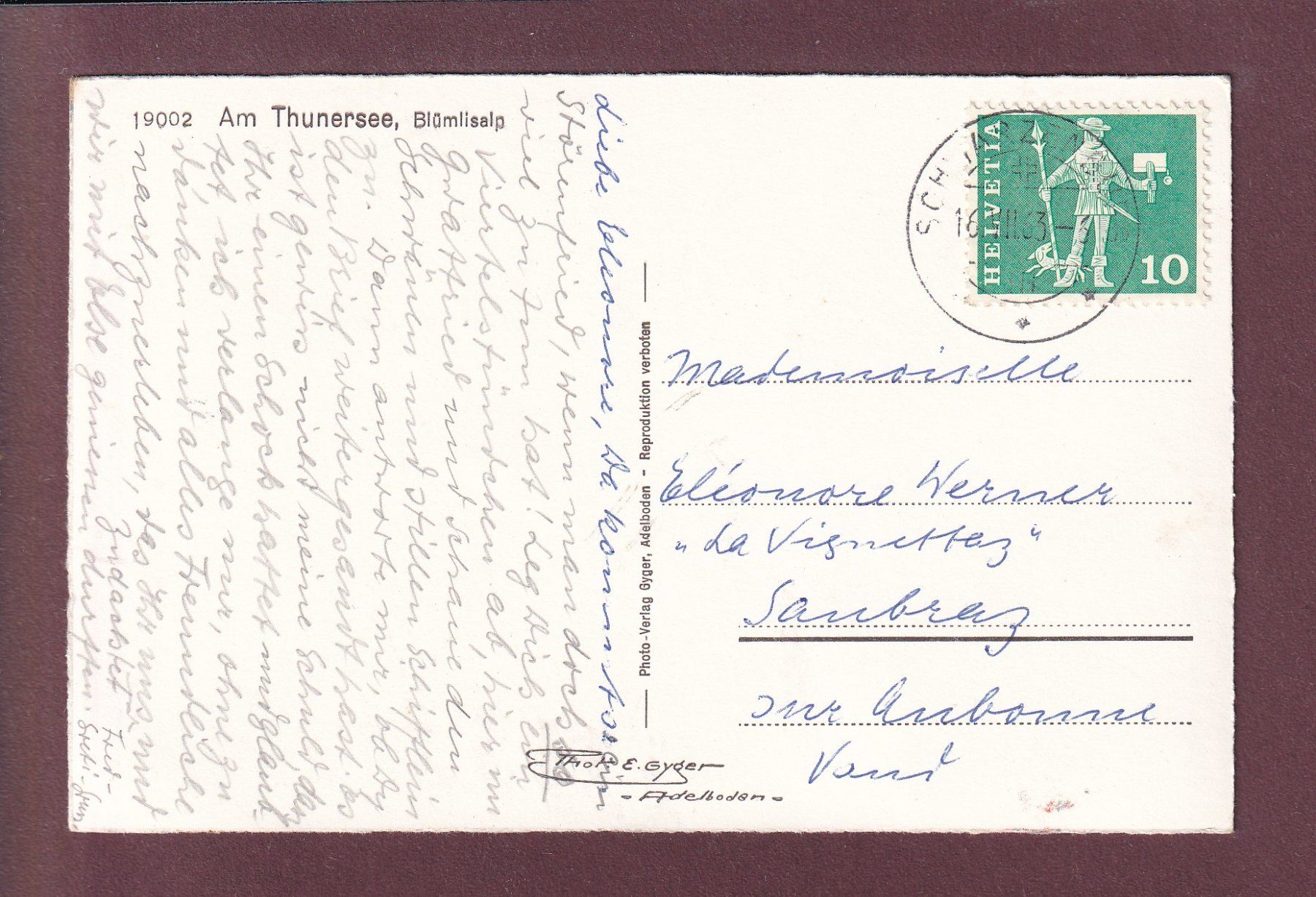 Cartoline postali: Am THUNERSEE - Blümlisalp - 1963 – Usato da Pully venduto da nicecards 1