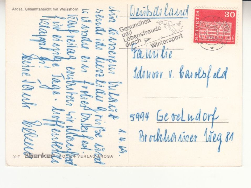 Cartoline postali: Arosa 1969 – Usato da Bürglen TG venduto da StampGraf 1