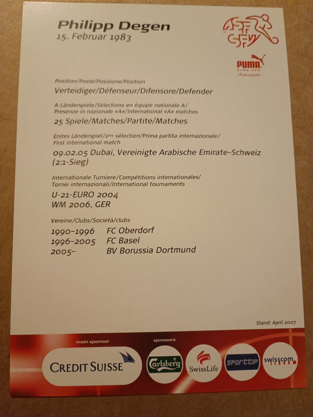 Autogramme: Philipp Degen - handsignierte SFV Autogrammkarte – Gebraucht aus Menziken von Artographs 1