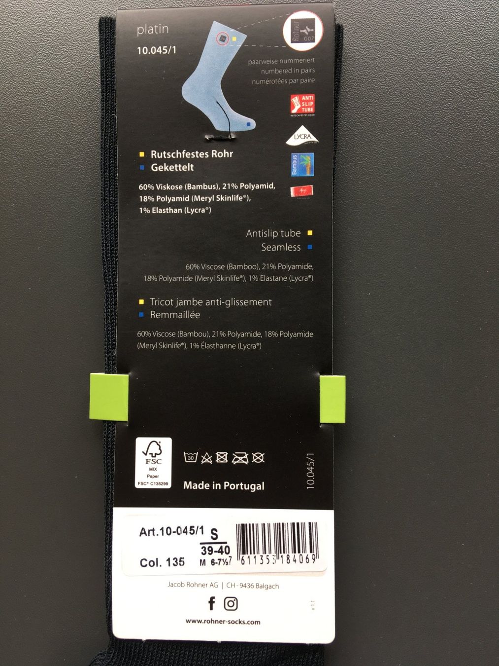 Rohner Socken: Rohner Socken Platin, Grösse 39-40, anthrazit, neu – Neu und originalverpackt aus Zuerich von Dankri 1