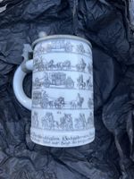 Antiker Bierkrug mit Zinndeckel, Kutschen-Motiv, Top!