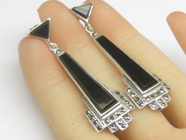 Vintage Ohrringe Art Deco Stil / Silber 925 Onyx Markasiten