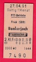 PTT KARTON-BILLETT, FRICK -BENKERJOCH, 2.KLASSE, RETOUR,1991