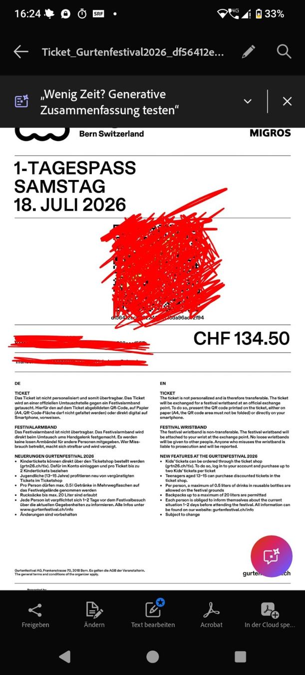 Biglietti: Gurtenfestival Tagespass Samstag – Usato da Lobsigen venduto da blechbuex