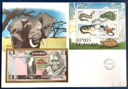 1984 Sambia  Banknoten Brief mit Block Reptilien