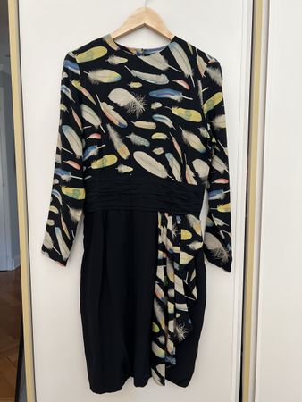 Akris Black Feather Print Silk Dress, Size 40