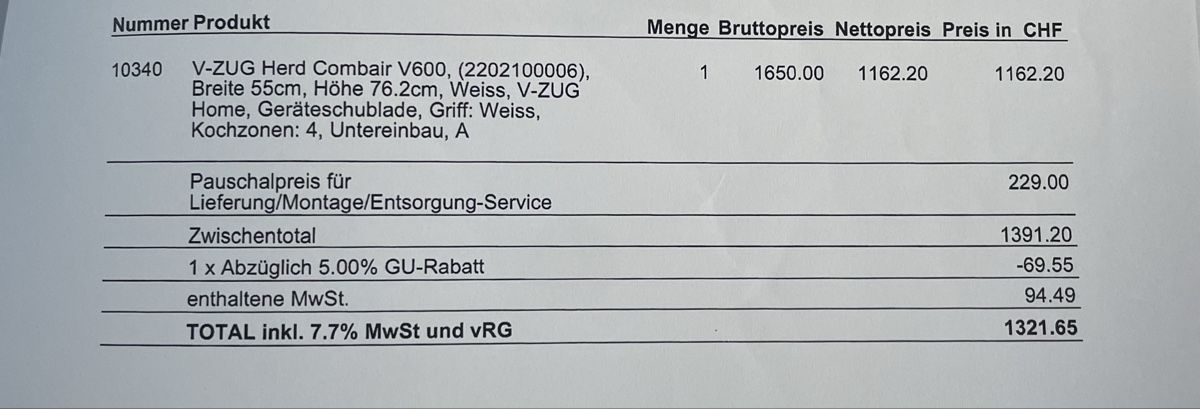 V-Zug Forni: V-ZUG Herd Combair V600 Blanc 55cm – Usato da Zürich venduto da jul_6jpt 2