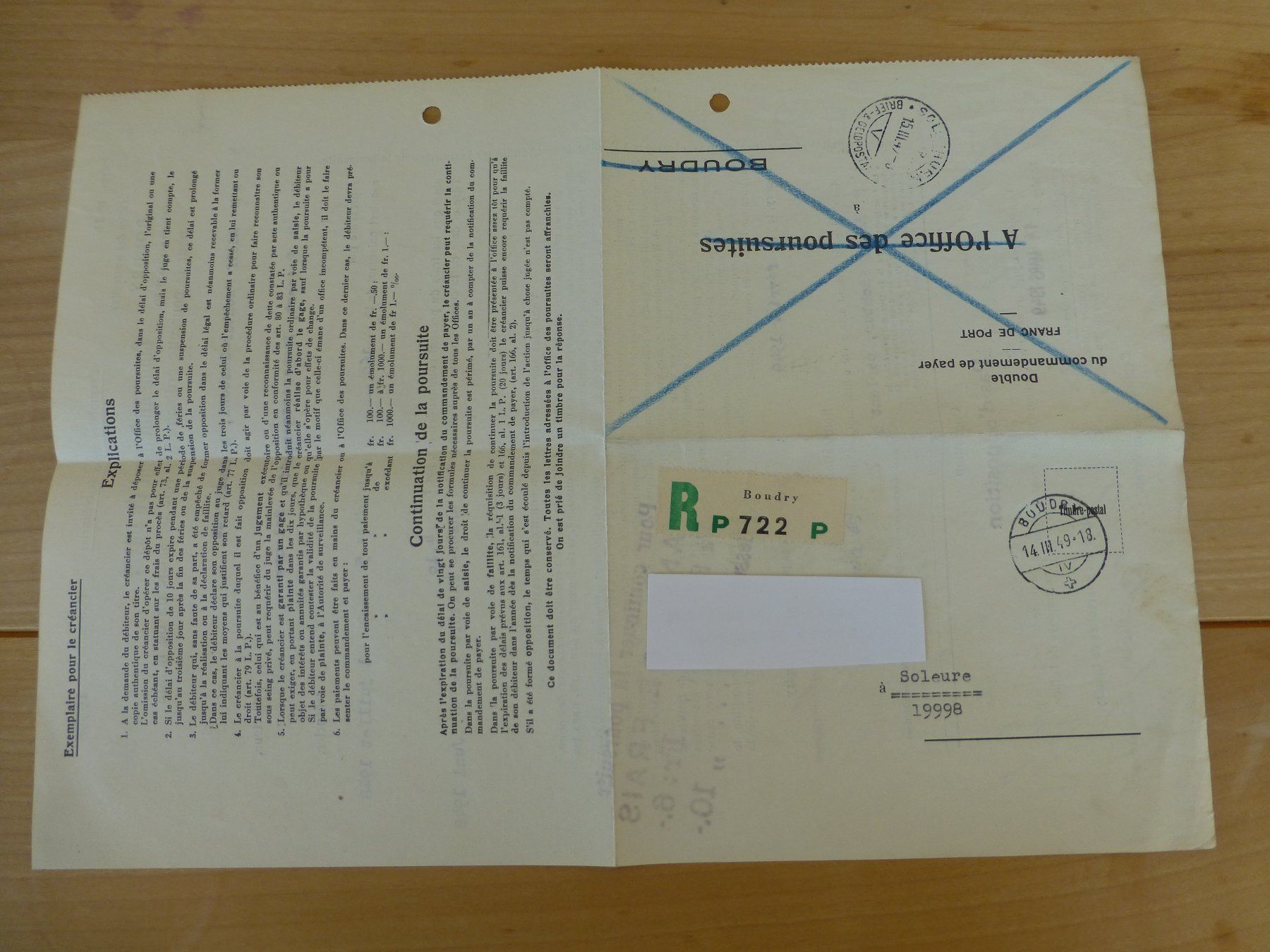 Documenti: Boudry, Commandement de payer, 1949 – Usato da Bettlach venduto da 1saurer 1