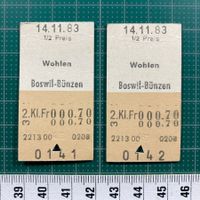 Wohlen - Boswil Bünzen, 2 alte entwertete Bahn Billette, SBB