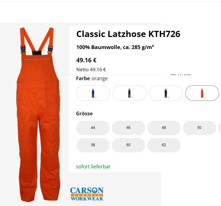 Hosen: Carson Classic Latzhose KTH726 Gr. 48 – Neu und originalverpackt aus Uerkheim von Kaufoption