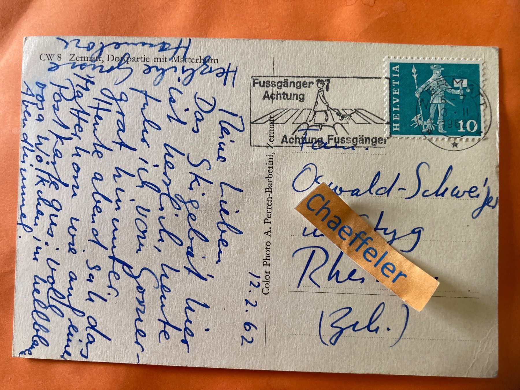Cartoline postali: 1962 Zermatt, Dorfpartie mit Mattenhorn. – Usato da Zürich venduto da Chaeffeler 1
