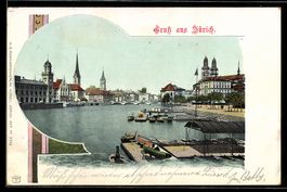 AK Zürich, Limmat mit Schiffsanlegestelle und Kirchen