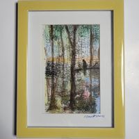 Bild Acryl, Wald See und Vogel gerahmt 18 x 23 cm 