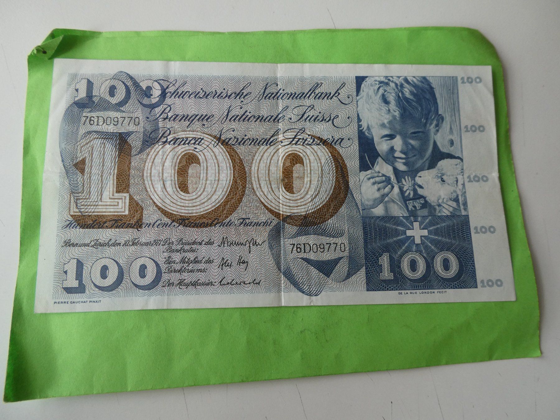 Banknoten: Schweiz 1971, 100 Franken – Gebraucht aus Hinterforst von Rohusri