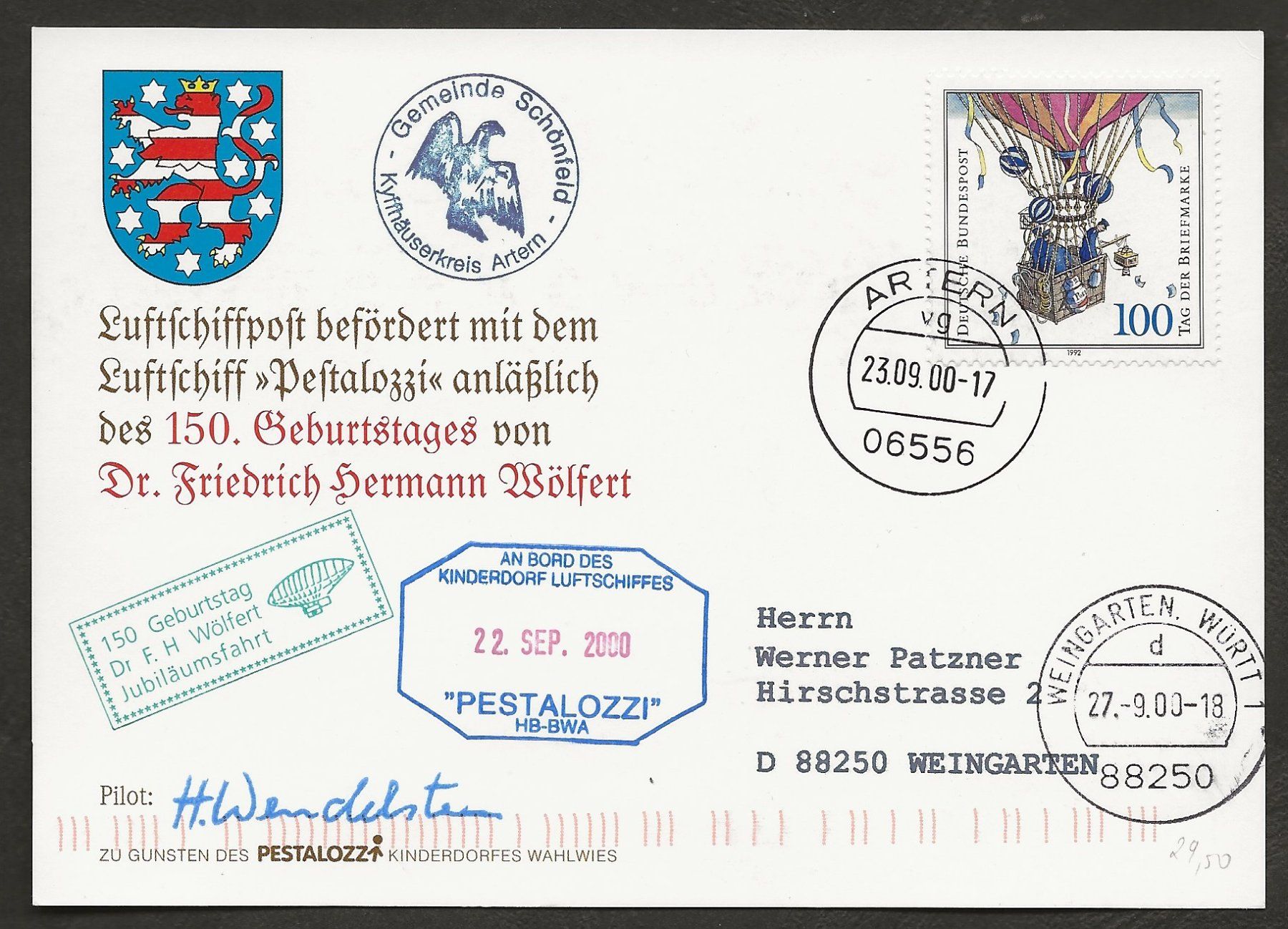 Tous les timbres: Ballon 2000 Deutschland Artern Weingarten Luftpost – D'occasion à Au ZH par xelagreb01