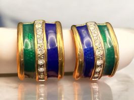 Vintage Ohrringe Vergolden Emaille blau grün Strass