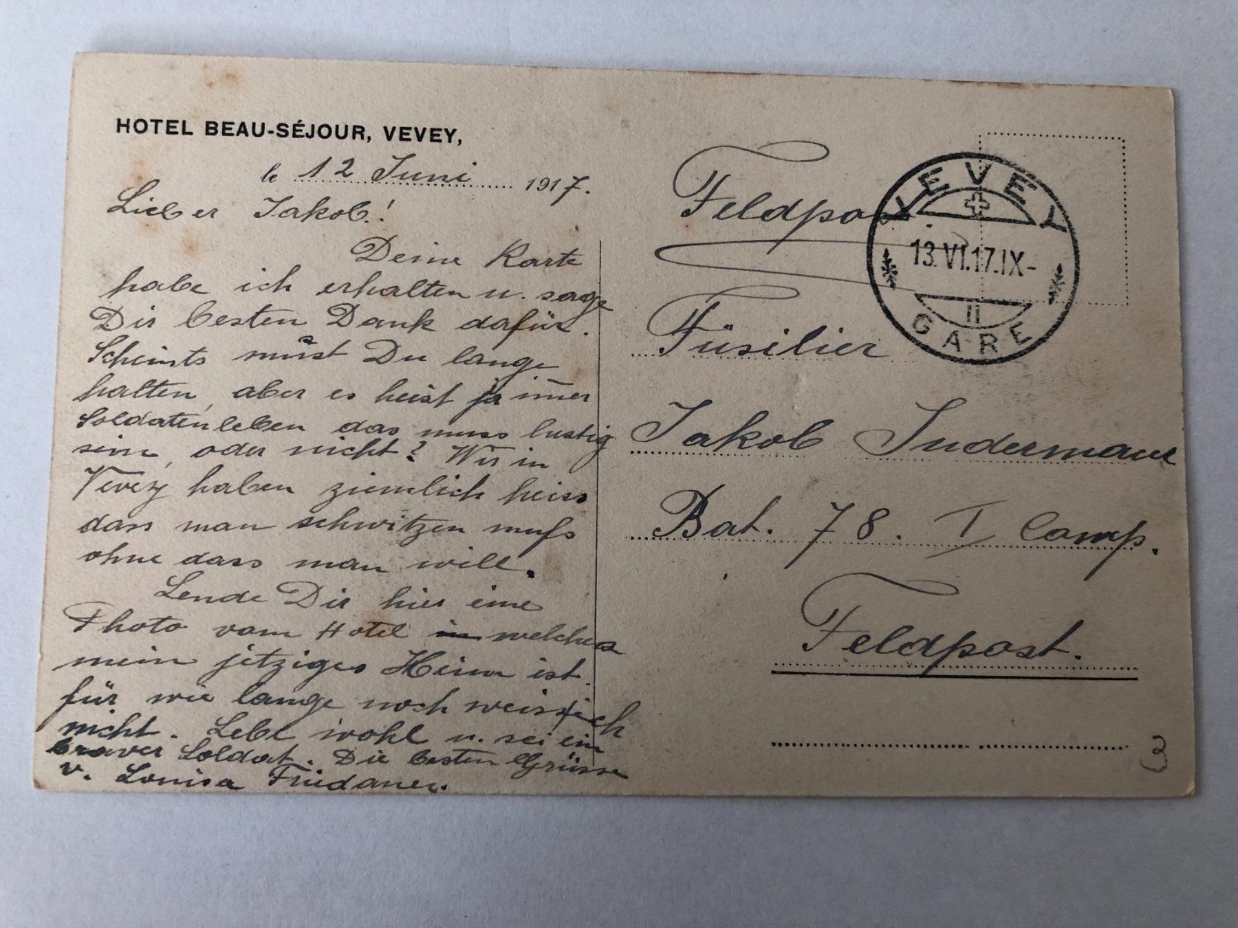 Cartoline postali: Vevey - Hotel Beau-Sejour  1917 – Usato da Pfäffikon ZH venduto da Waltoversand 1