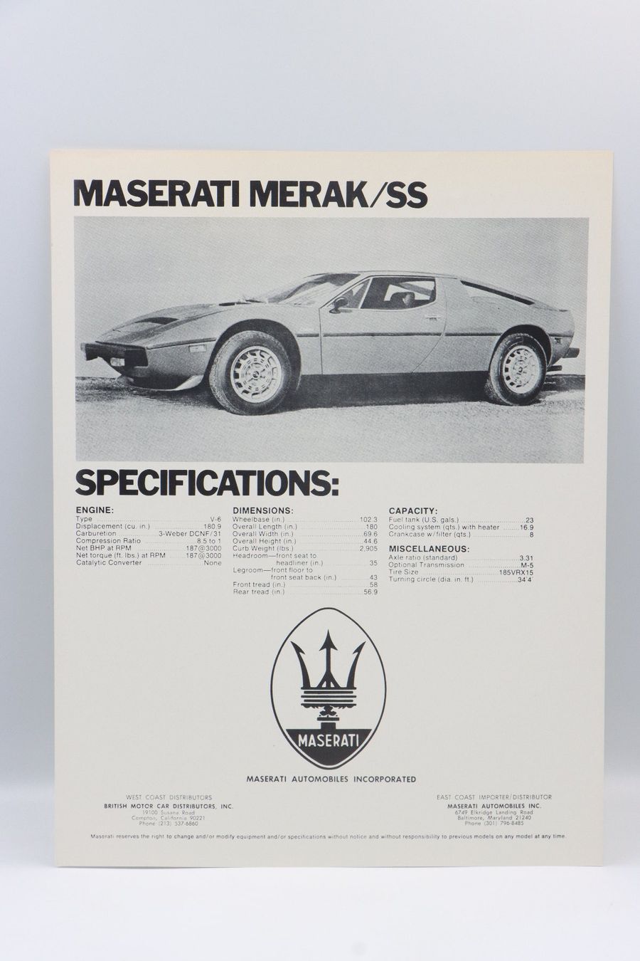 Maserati Dokumente: Maserati Merak SS 1978 Prospektblatt – Gebraucht aus Bühl b.Aarberg von Collectorpassions