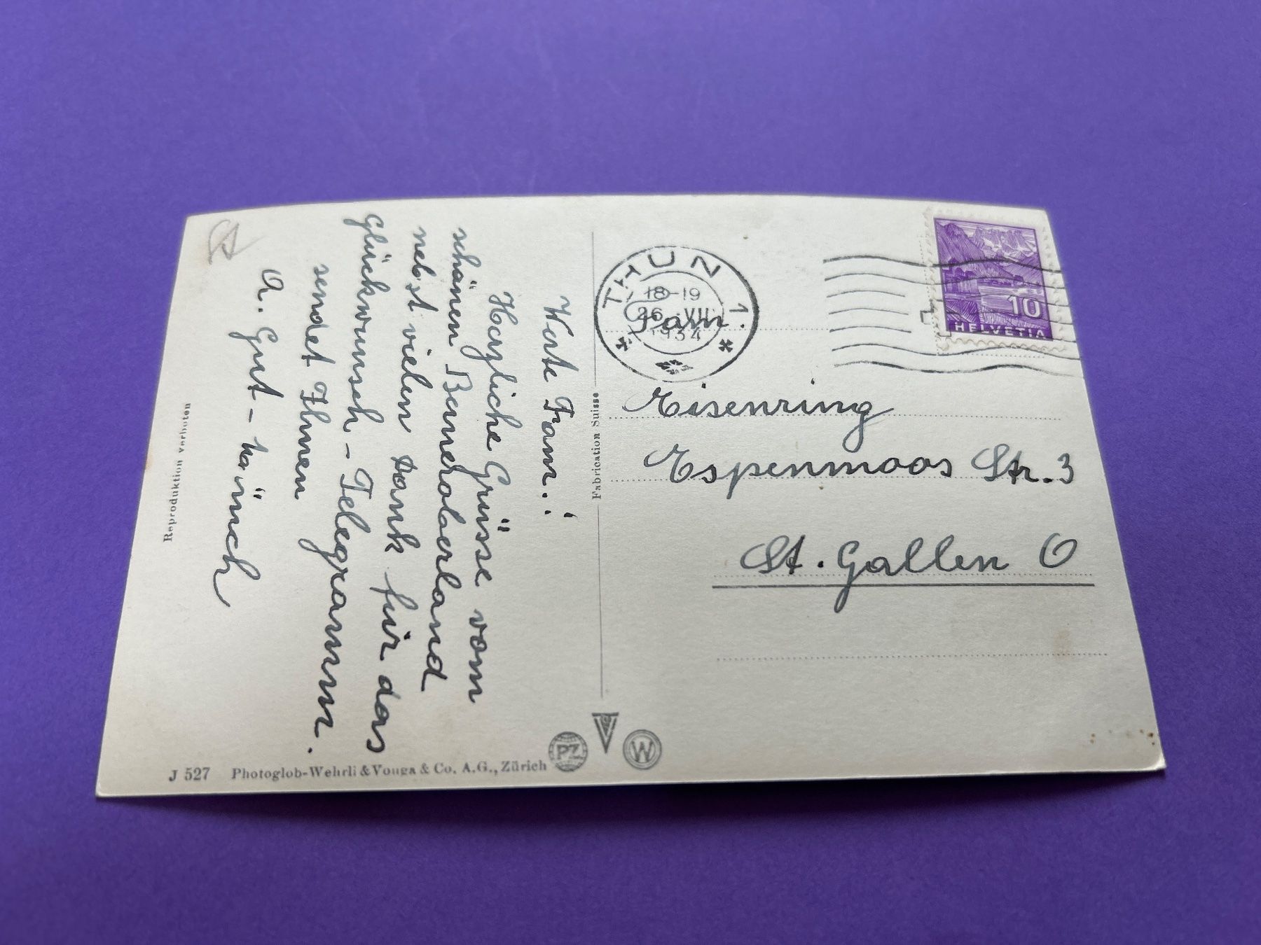 Cartoline postali: Oberhofen, Thun, mit Eiger Mönch Jungfrau, alt, 26.7.1934 – Usato da Hefenhofen venduto da Bierinder 1