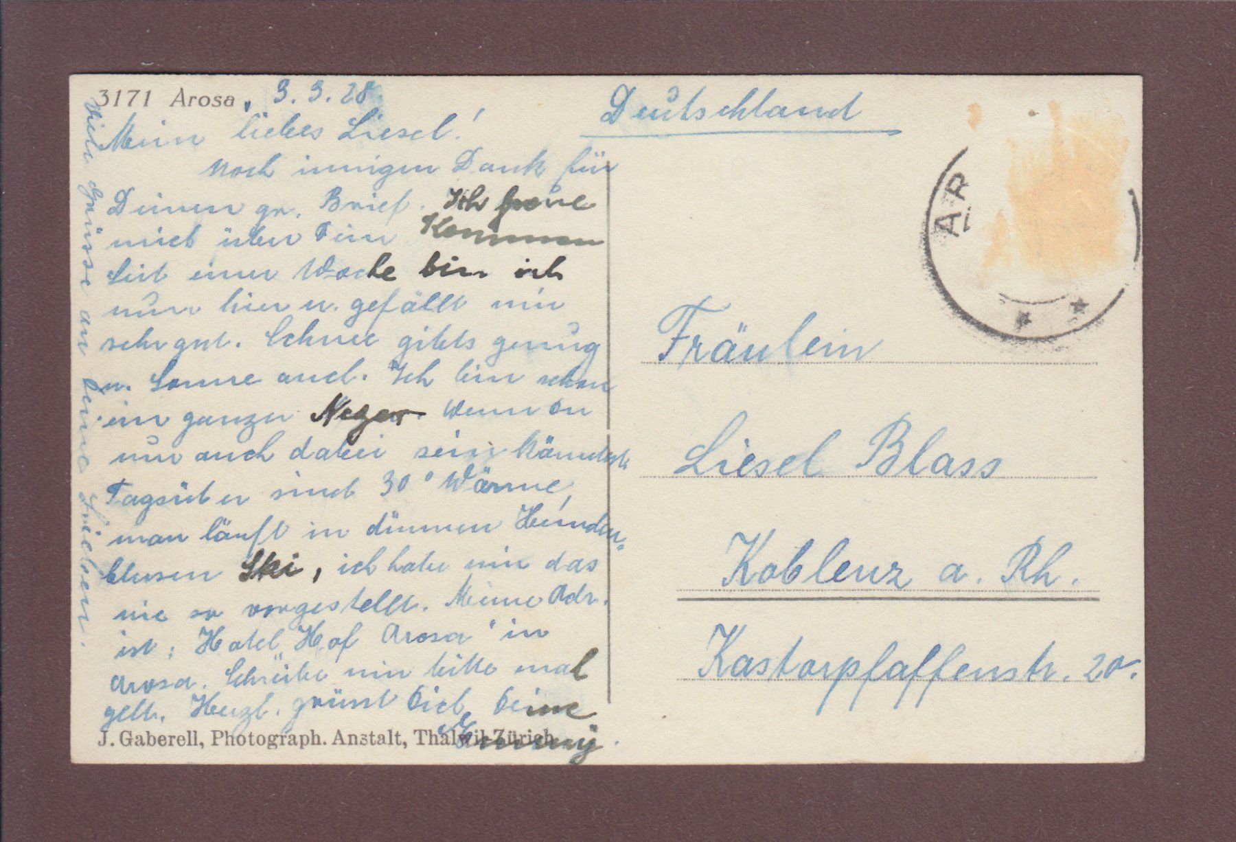 Cartoline postali: AROSA - 1928 – Usato da Pully venduto da nicecards 1