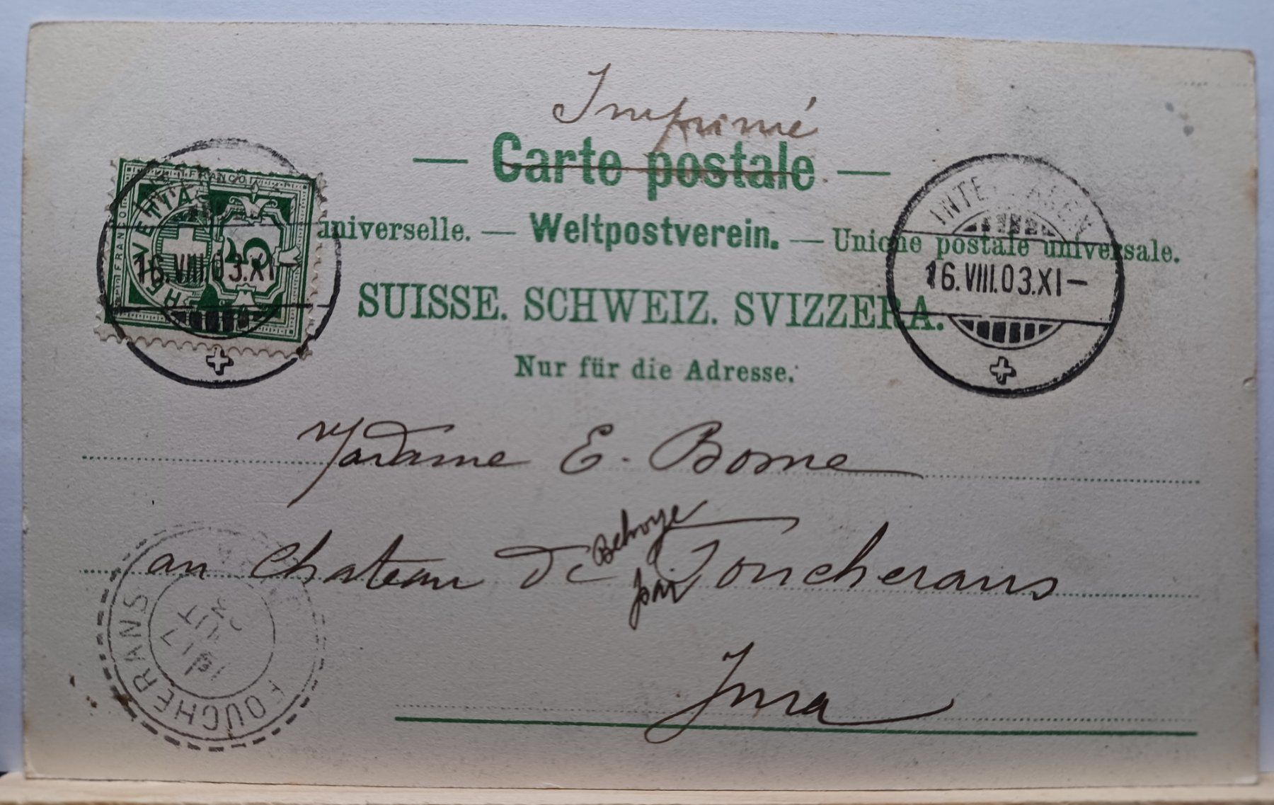 Cartoline postali: BE, Aareschlucht bei Meiringen, 1903 – Usato da Aarau Rohr venduto da mgvw 1