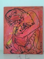Bild FRAU MIT KATZE rot Leinwand Original Unikat 46x55 cm
