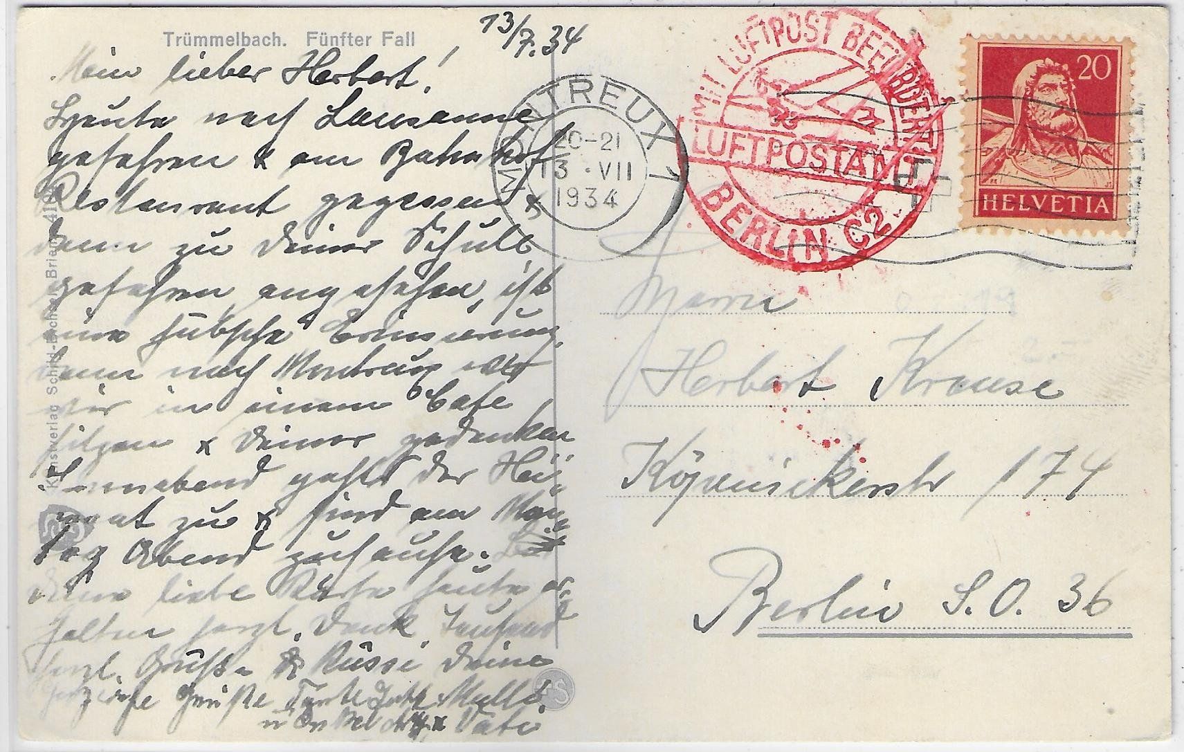Cartoline postali: Trümmelbach - Fünfter Fall - Litho - Luftpostamt Berlin – Usato da Ettingen venduto da Kartenplanet 1
