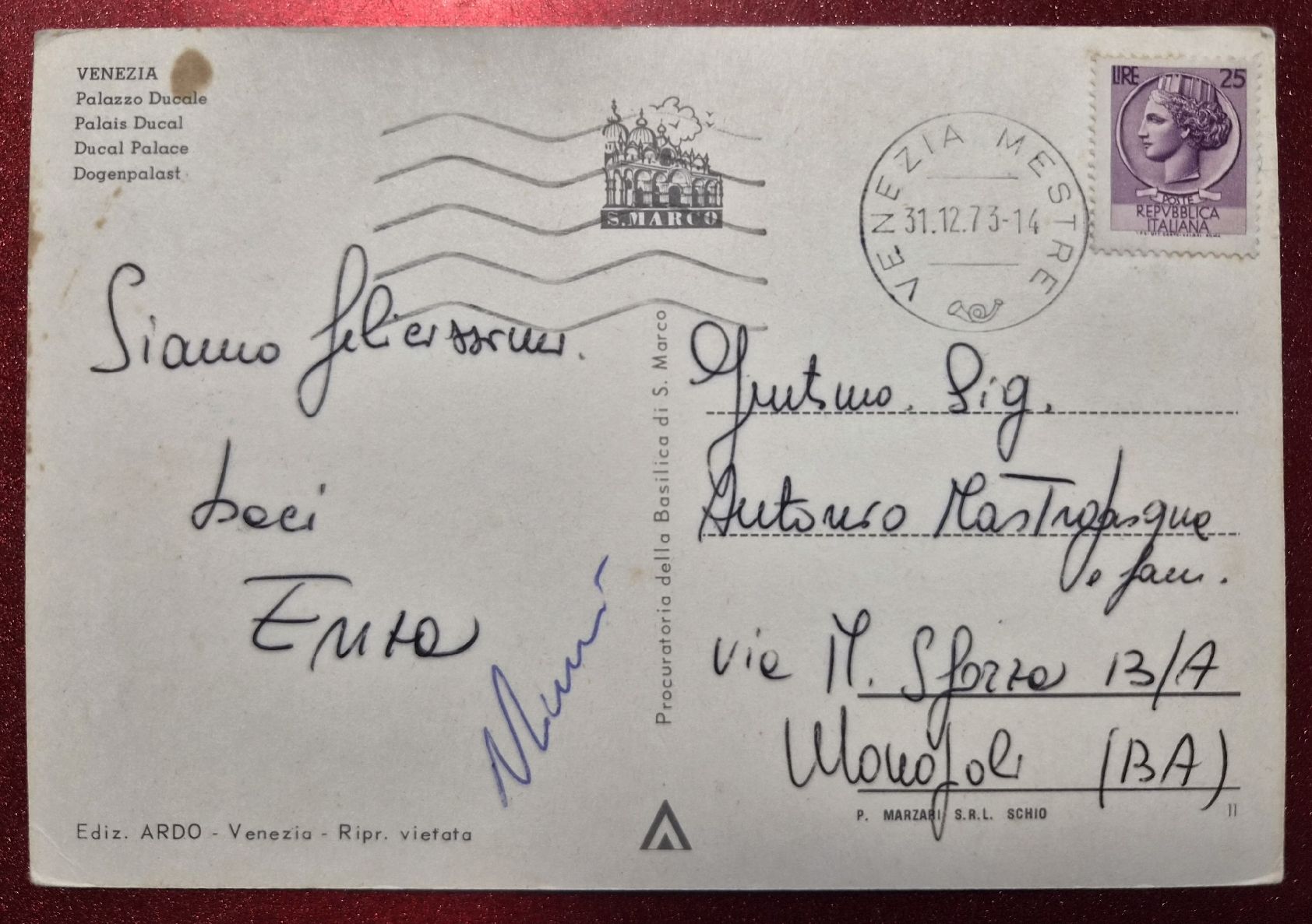 Ansichtskarten: Venedig Dogenpalast 1973 – Gebraucht aus Melchnau von Arthurius 1