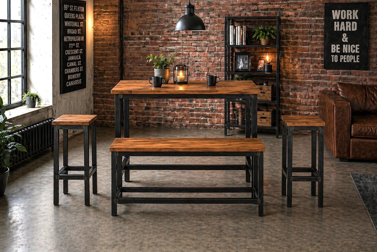 Set di tavolo e panche: Robuster Stehtisch mit Sitzbank, 2 Hocker, Holz und Stahl – Usato da Erlen venduto da mat_jm2f