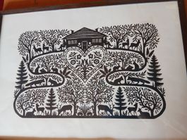Découpage suisse traditionnel encadré motif forêt 1974