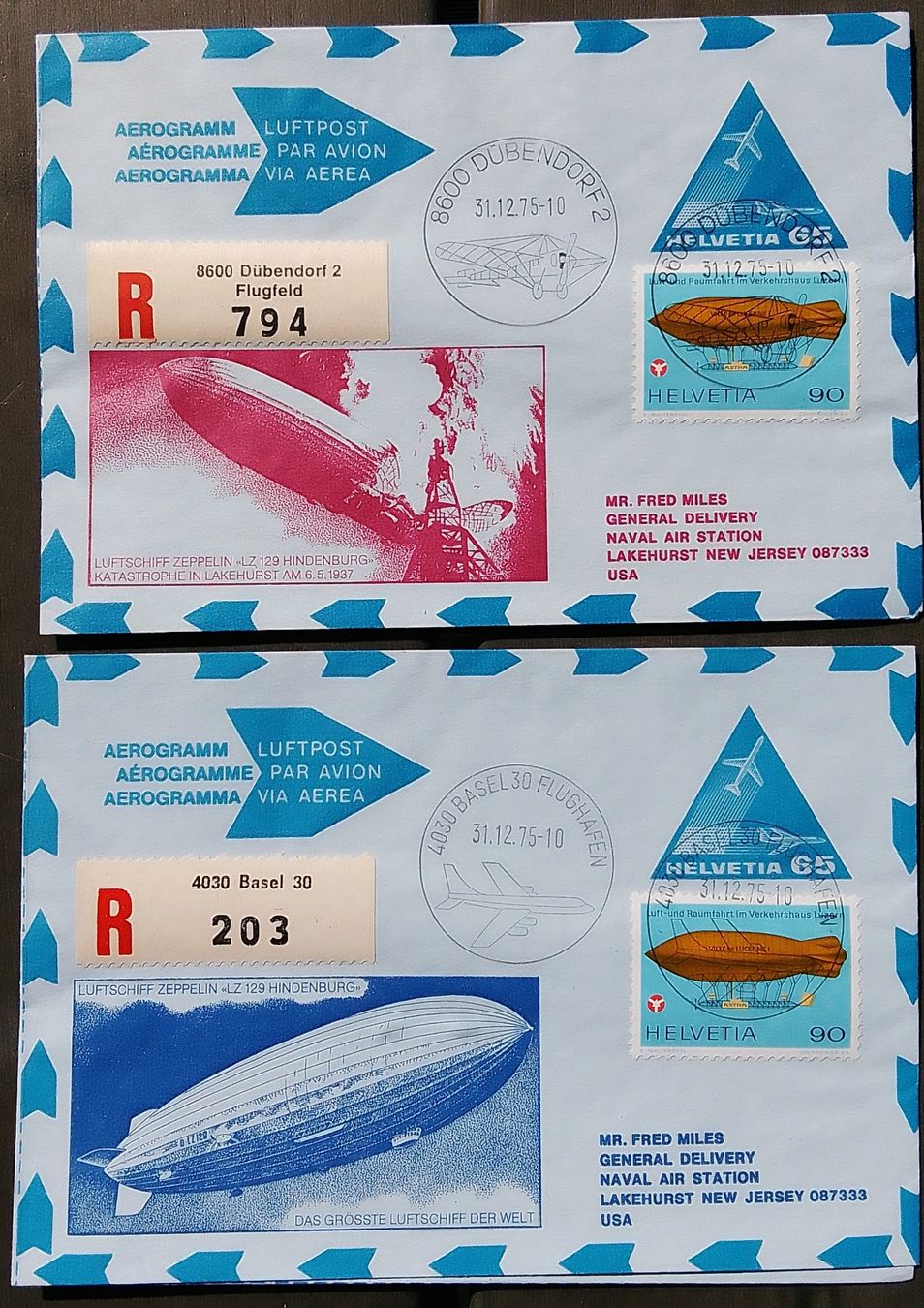 Tutti i francobolli: 2 Luftpostbriefe 1975 – Usato da Marbach LU venduto da Steinbeck1