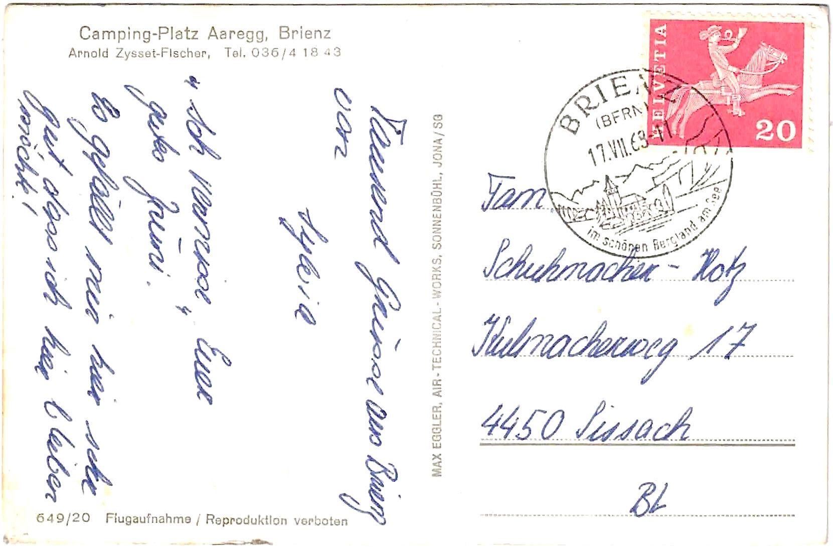 Cartoline postali: Camping-Blatz AAREGG Brien7 ca. 1965 (BE) – Usato da Oberdorf BL venduto da Hopfehuepfer 1