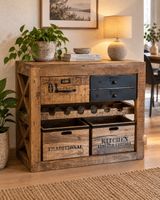 Industrie Style Kommode mit Schubladen&Weinregal,Holz massiv