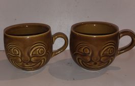 Vintage Keramik Tassen mit Gesicht, 2 Stk. Rarität!