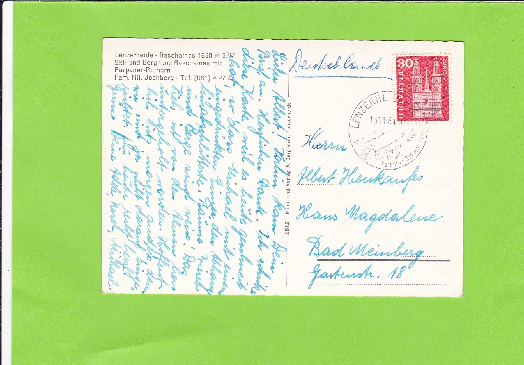 Cartoline postali: Lenzerheide-Raschinas, Berghaus – Usato da St. Peterzell venduto da neckertal 1