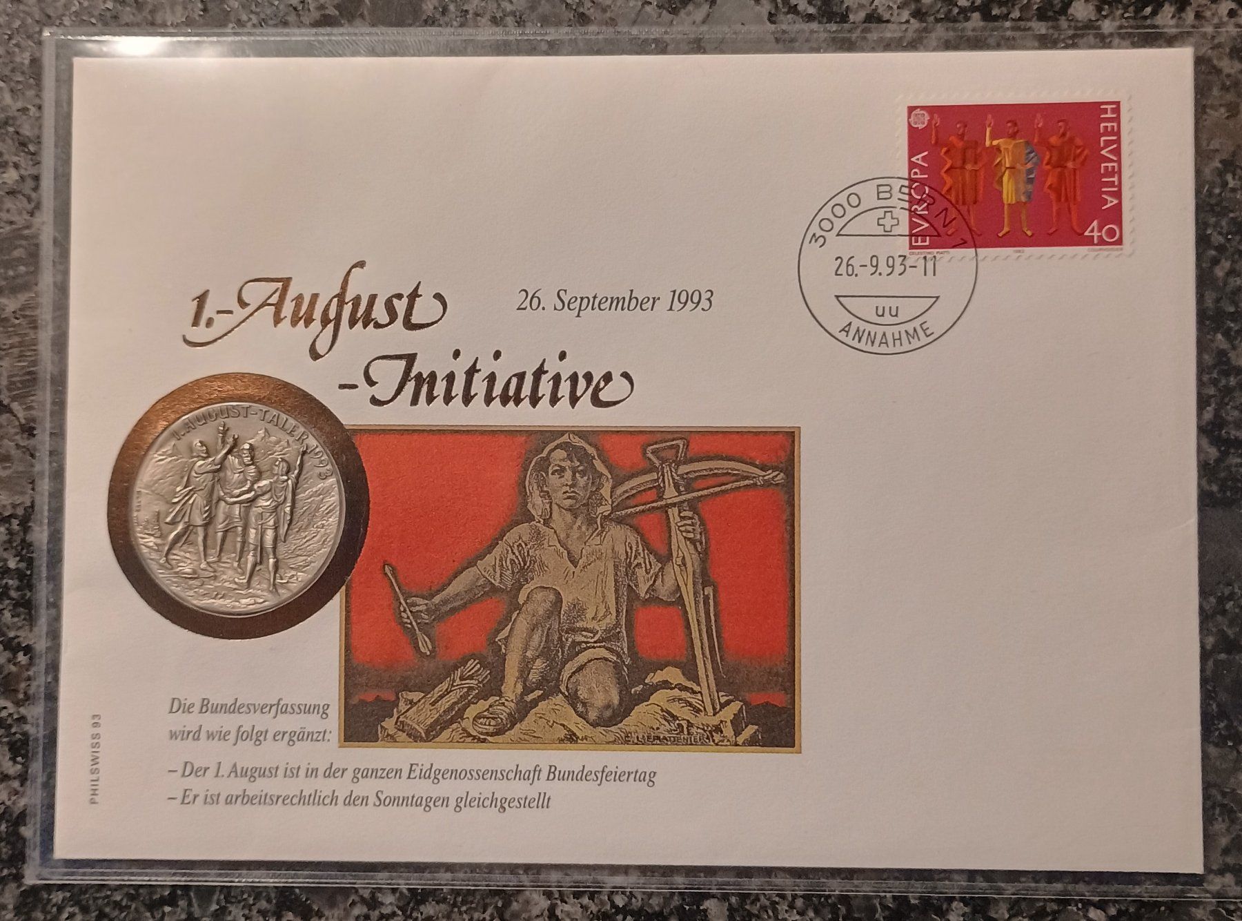 Medaglie: Numisbrief Silber, 1. August Initiative 1993, Silber 900 – Nuovo e nell'imballaggio originale da Wattwil venduto da santamaria