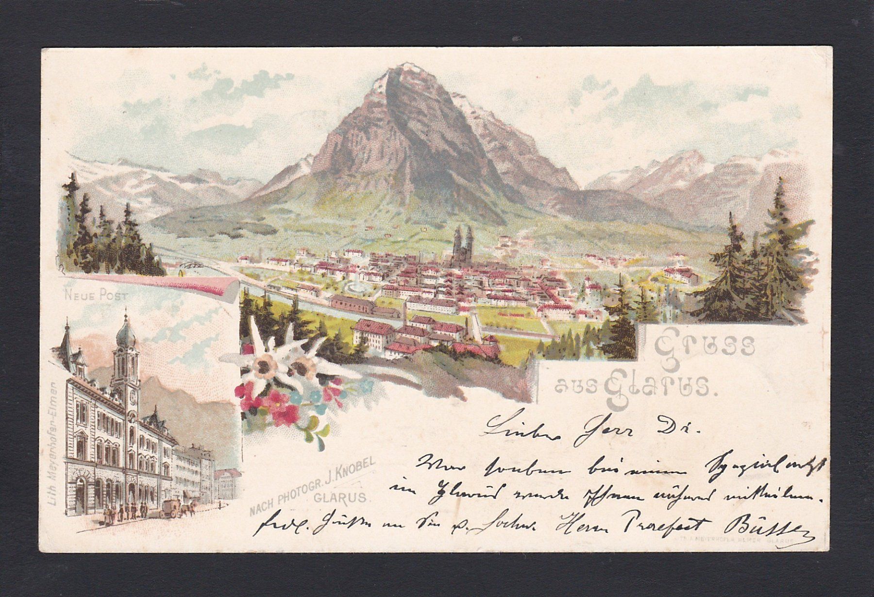 Cartoline postali: GLARUS, neue Post, 2-Bild Litho 1898 – Usato da Reiden venduto da cinfis