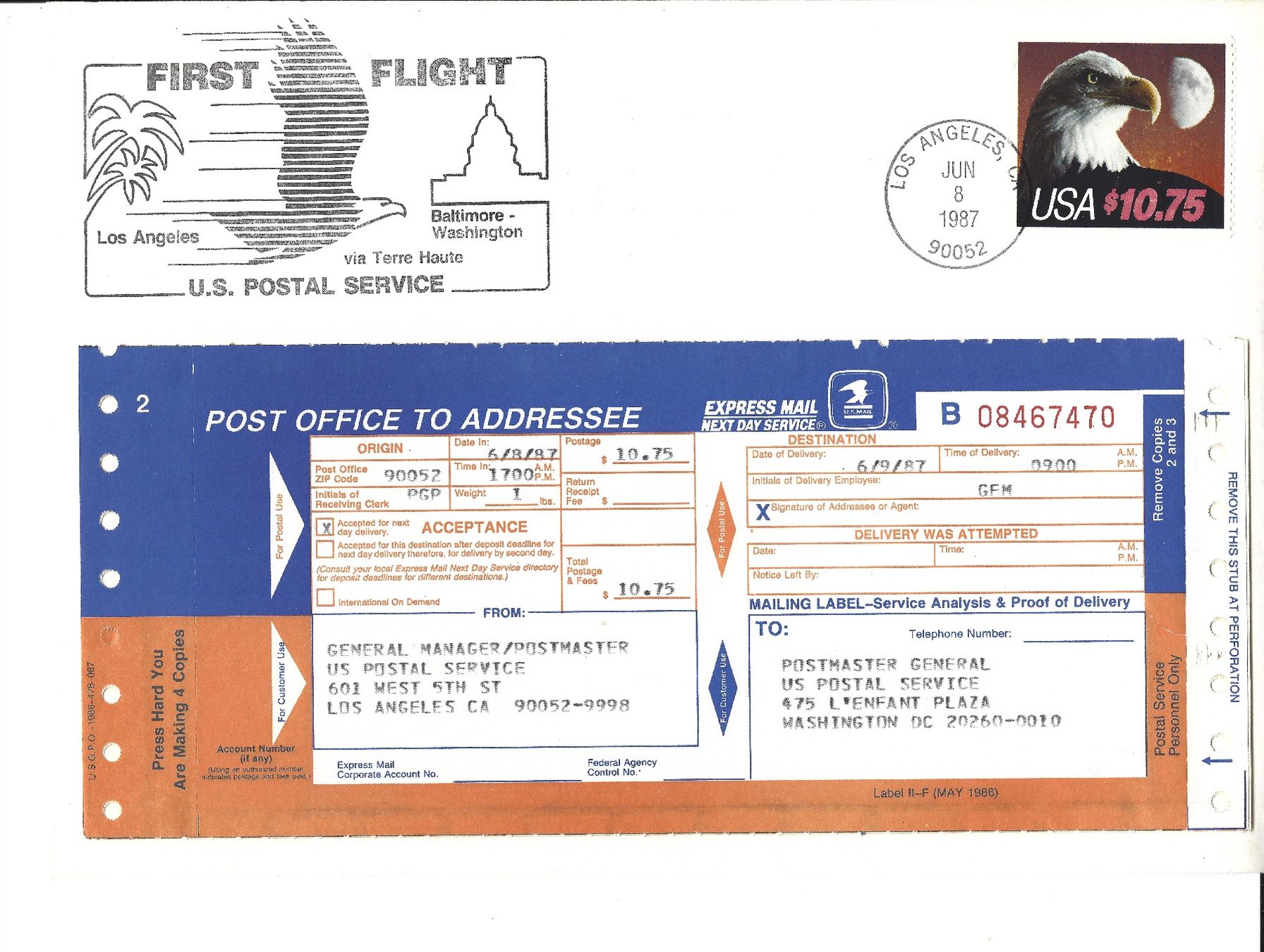 Alle Briefmarken: Brief 1. Flug LA nach Washington – Gebraucht aus Bottmingen von Golferin