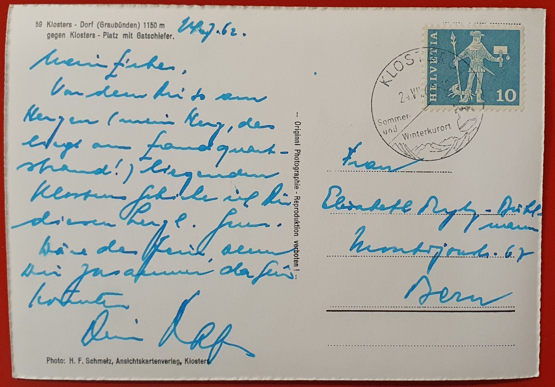 Cartoline postali: Klosters - Dorf,  1962 – Usato da Kreuzlingen venduto da Rschweiz1 1