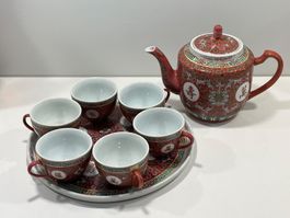 chinesisches Porzellan Tee-Set * Mun Shou Rot