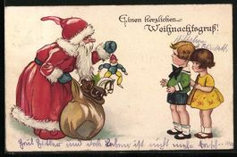 AK Weihnachtsmann beschenkt 2 Kinder