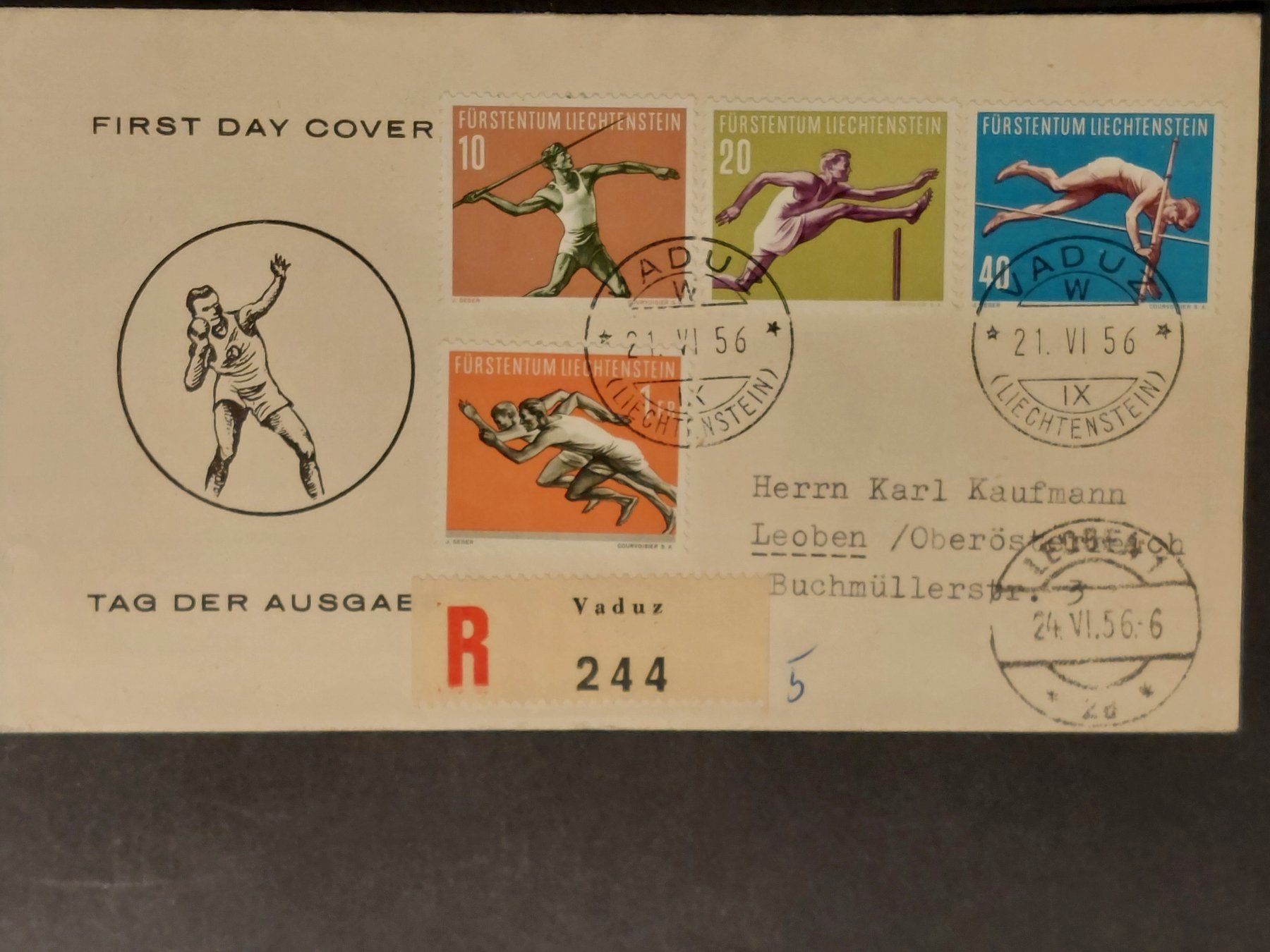 Tutti i francobolli: FDC FL 1956: Sportserie II – Usato da Obfelden venduto da Funke2