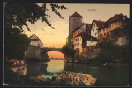 Brugg, Uferpartie mit Brücke am Abend