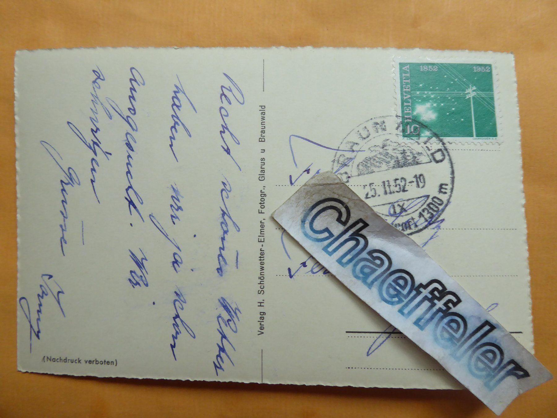 Cartoline postali: 1952  2725 Braunwald. Ortsstock – Usato da Zürich venduto da Chaeffeler 1