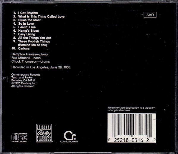 CD: Hampton Hawes [Fantasy] Red Mitchell, Chuck Thompson – Usato da Engelberg venduto da foyastro 1
